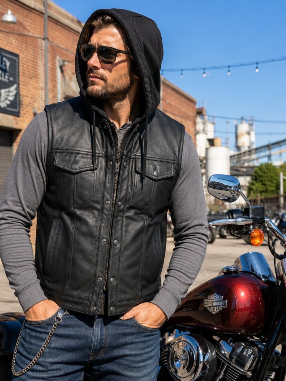 Hooded Leather Motorcycle Club Vest Concealed Carry Snap Zip Single Back Panel